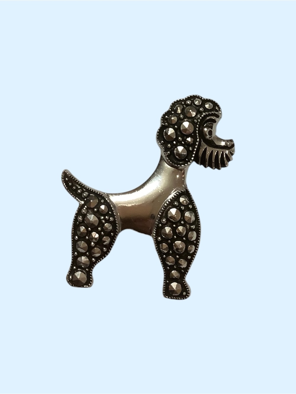 Vintage Small Stylish Silver Tone Poodle Dog Brooch with Marcasite Accents